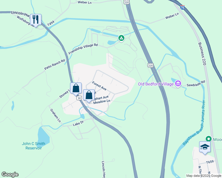 map of restaurants, bars, coffee shops, grocery stores, and more near 5026 Forest Avenue in Bedford