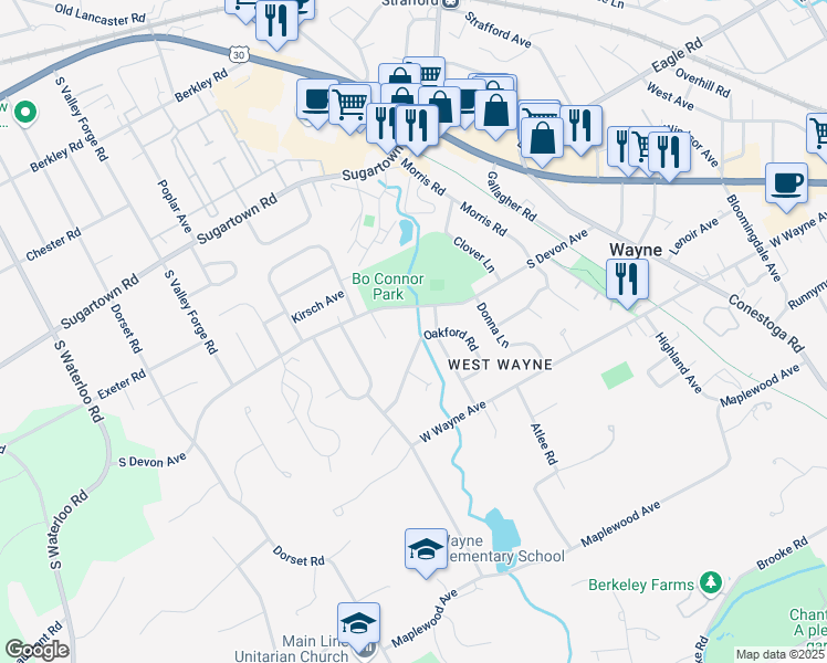 map of restaurants, bars, coffee shops, grocery stores, and more near 54 Oakford Road in Wayne