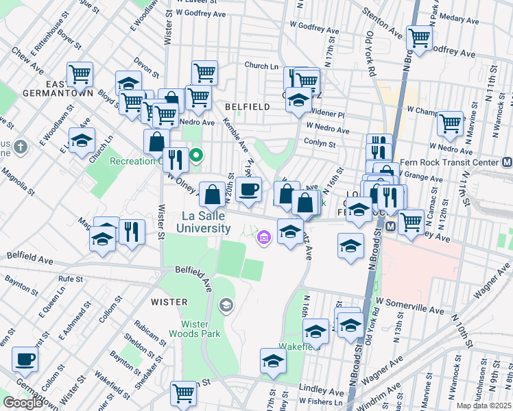 map of restaurants, bars, coffee shops, grocery stores, and more near 5617 North 19th Street in Philadelphia