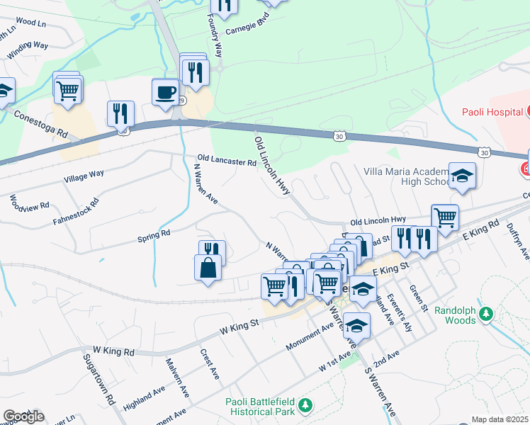 map of restaurants, bars, coffee shops, grocery stores, and more near 105 Margaret Lane in Malvern