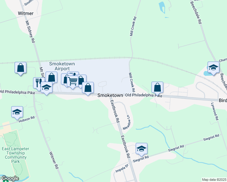 map of restaurants, bars, coffee shops, grocery stores, and more near 2509 Old Philadelphia Pike in Bird in Hand