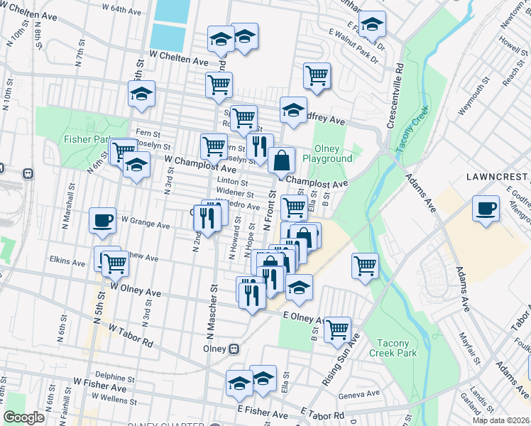 map of restaurants, bars, coffee shops, grocery stores, and more near 5829 North Front Street in Philadelphia