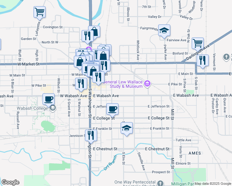 map of restaurants, bars, coffee shops, grocery stores, and more near 212 South Water Street in Crawfordsville