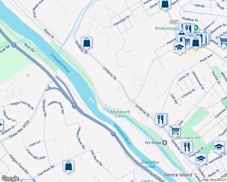 map of restaurants, bars, coffee shops, grocery stores, and more near 7200 Umbria Street in Philadelphia