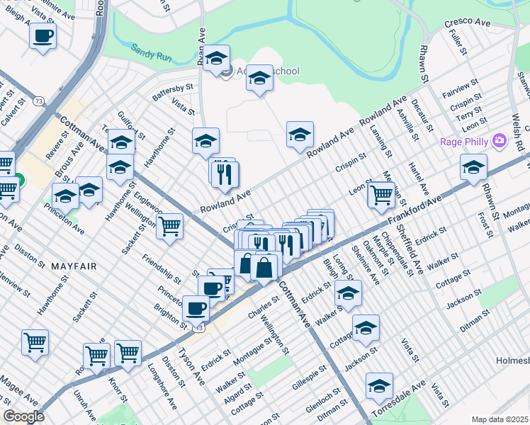 map of restaurants, bars, coffee shops, grocery stores, and more near 3403 Aldine Street in Philadelphia