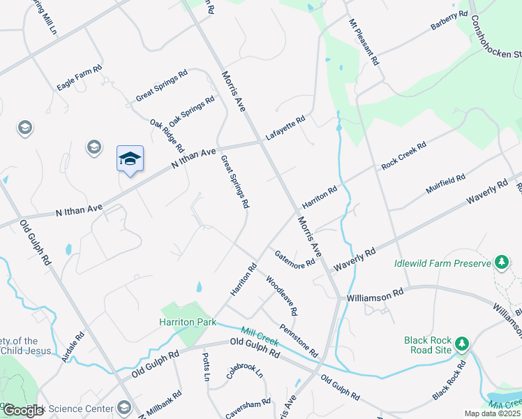 map of restaurants, bars, coffee shops, grocery stores, and more near 711 Great Springs Road in Bryn Mawr