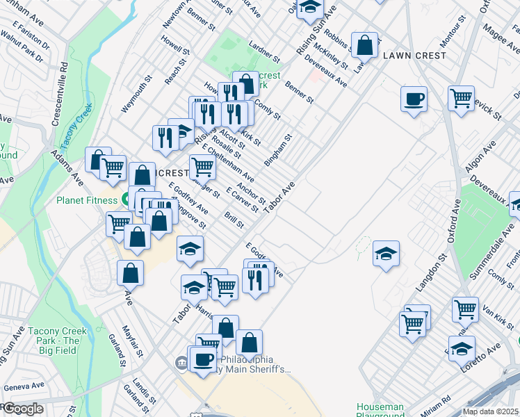 map of restaurants, bars, coffee shops, grocery stores, and more near 645 East Carver Street in Philadelphia