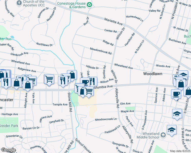 map of restaurants, bars, coffee shops, grocery stores, and more near 62 New Garden Avenue in Lancaster