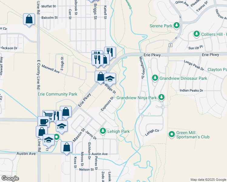 map of restaurants, bars, coffee shops, grocery stores, and more near 201 South Briggs Street in Erie