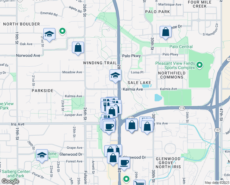 map of restaurants, bars, coffee shops, grocery stores, and more near 3565 28th Street in Boulder