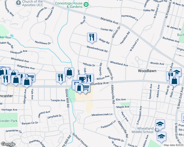 map of restaurants, bars, coffee shops, grocery stores, and more near 62 New Garden Avenue in Lancaster