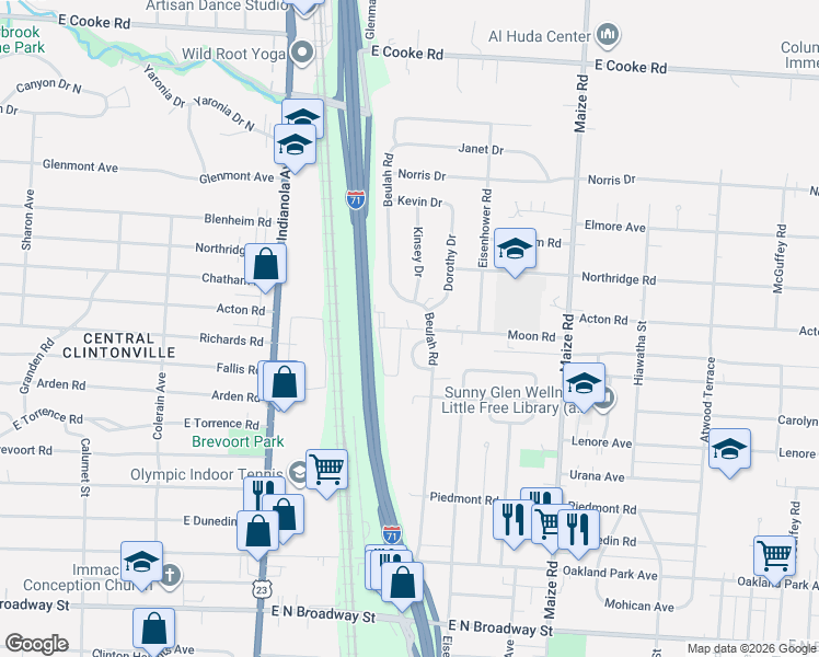map of restaurants, bars, coffee shops, grocery stores, and more near 3655 Beulah Circle in Columbus