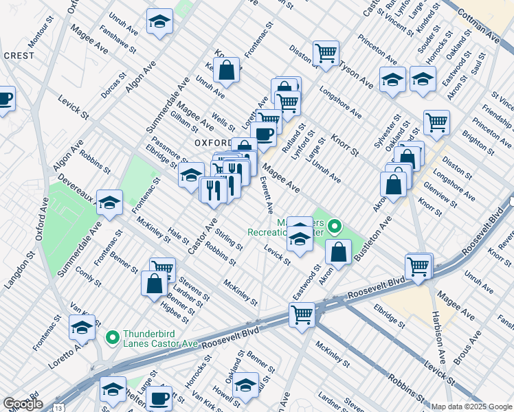 map of restaurants, bars, coffee shops, grocery stores, and more near 1442 Hellerman Street in Philadelphia