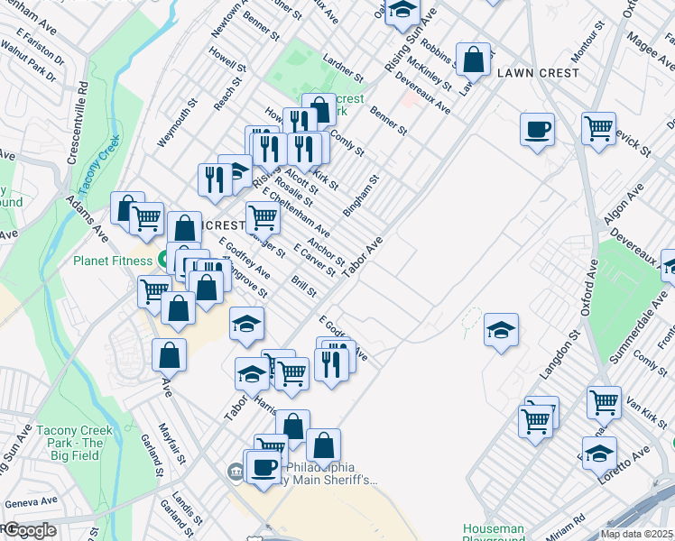 map of restaurants, bars, coffee shops, grocery stores, and more near 645 East Carver Street in Philadelphia