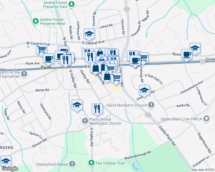 map of restaurants, bars, coffee shops, grocery stores, and more near 83 Chestnut Road in Paoli