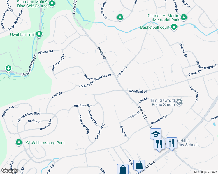 map of restaurants, bars, coffee shops, grocery stores, and more near 325 Woodland Drive in Downingtown
