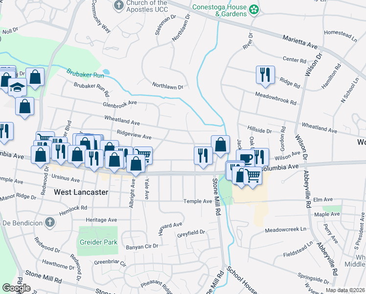 map of restaurants, bars, coffee shops, grocery stores, and more near 1617 Wilson Avenue in Lancaster