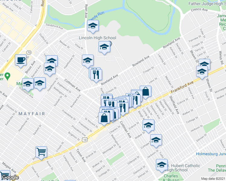 map of restaurants, bars, coffee shops, grocery stores, and more near 3401 Aldine Street in Philadelphia