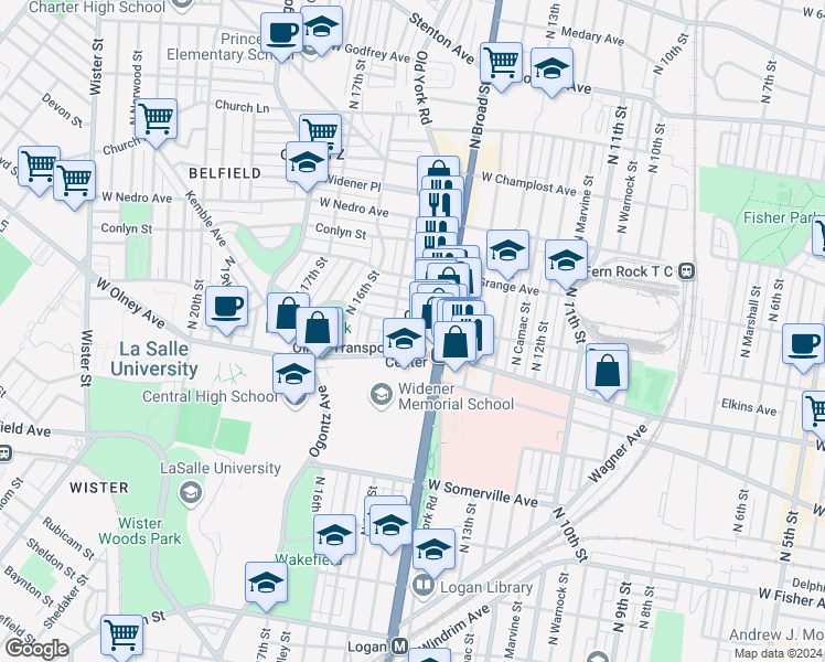 map of restaurants, bars, coffee shops, grocery stores, and more near 1434 West Chew Avenue in Philadelphia