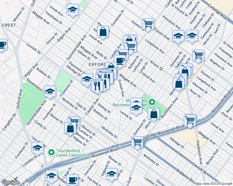 map of restaurants, bars, coffee shops, grocery stores, and more near 1440 Hellerman Street in Philadelphia