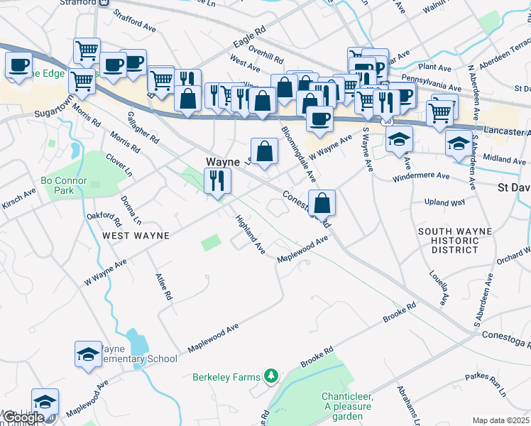 map of restaurants, bars, coffee shops, grocery stores, and more near 210 Conestoga Road in Wayne