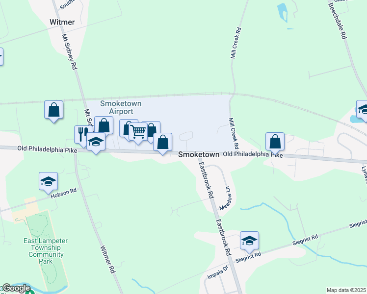 map of restaurants, bars, coffee shops, grocery stores, and more near 2495 Old Philadelphia Pike in Lancaster