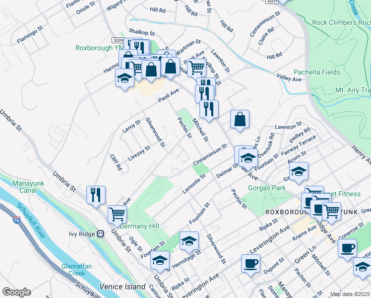 map of restaurants, bars, coffee shops, grocery stores, and more near 6717 Cinnamon Drive in Philadelphia