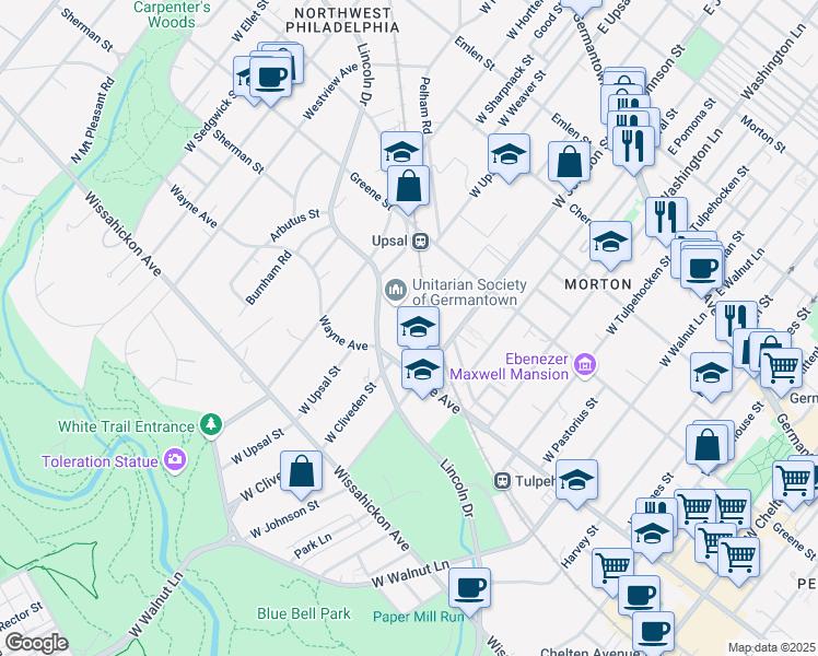 map of restaurants, bars, coffee shops, grocery stores, and more near 6429 Wayne Avenue in Philadelphia