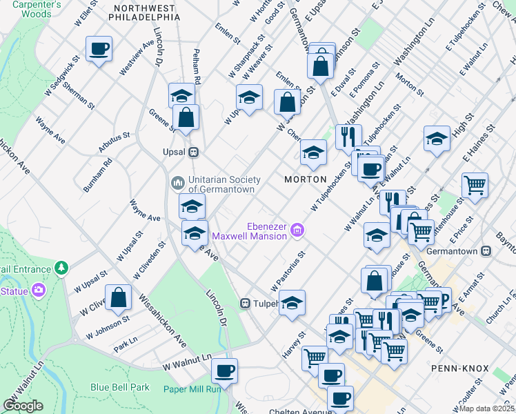 map of restaurants, bars, coffee shops, grocery stores, and more near 6334 Greene Street in Philadelphia