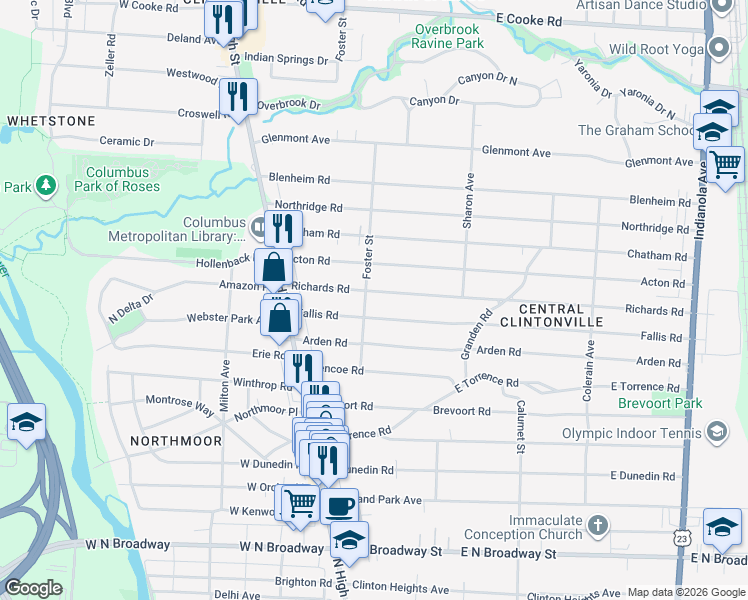 map of restaurants, bars, coffee shops, grocery stores, and more near 116 Fallis Road in Columbus
