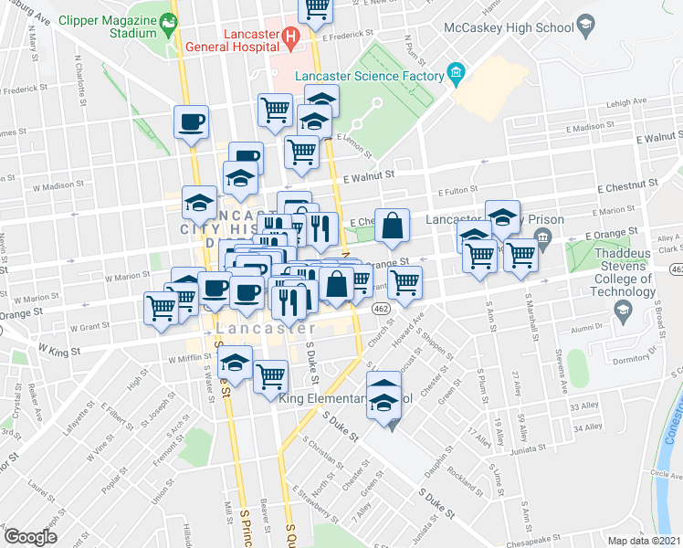 map of restaurants, bars, coffee shops, grocery stores, and more near 44 North Lime Street in Lancaster