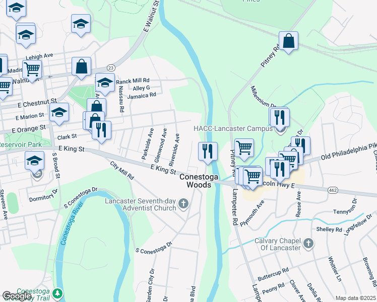 map of restaurants, bars, coffee shops, grocery stores, and more near 20 Willis Lane in Lancaster