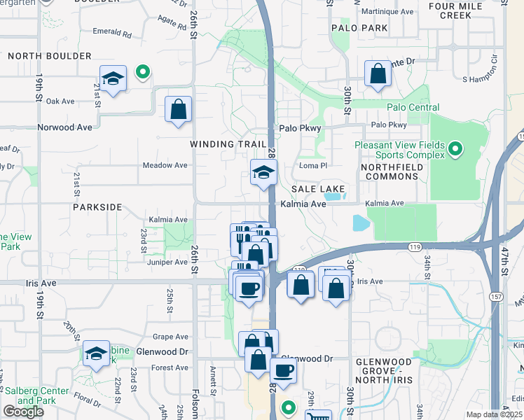 map of restaurants, bars, coffee shops, grocery stores, and more near 3565 28th Street in Boulder