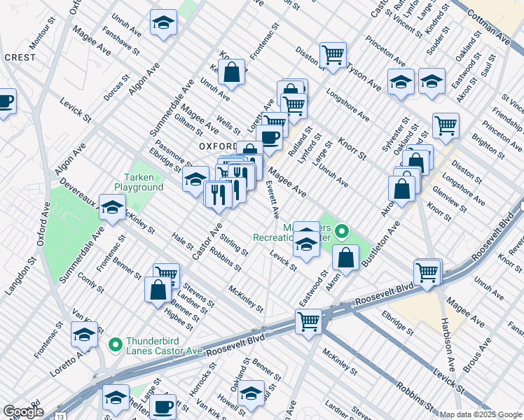 map of restaurants, bars, coffee shops, grocery stores, and more near 1451 Elbridge Street in Philadelphia