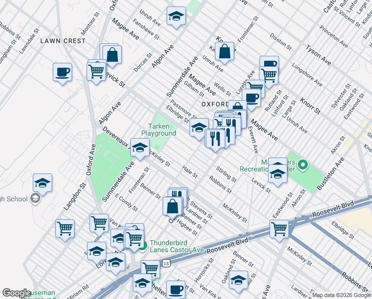 map of restaurants, bars, coffee shops, grocery stores, and more near 1242 Robbins Street in Philadelphia