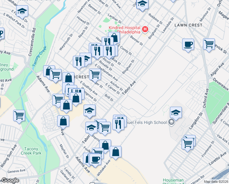 map of restaurants, bars, coffee shops, grocery stores, and more near 614 Sanger Street in Philadelphia