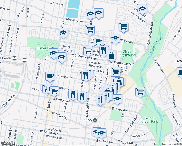 map of restaurants, bars, coffee shops, grocery stores, and more near 5837 North Mascher Street in Philadelphia