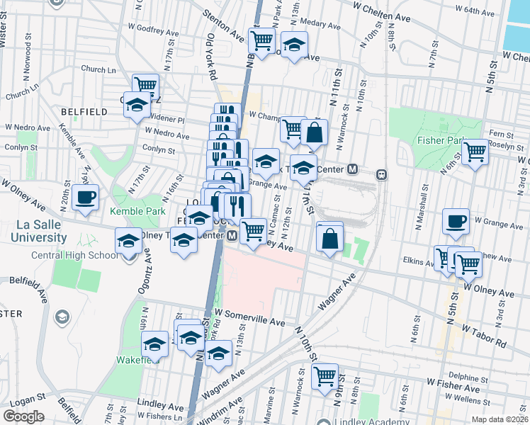 map of restaurants, bars, coffee shops, grocery stores, and more near 5624 North 13th Street in Philadelphia