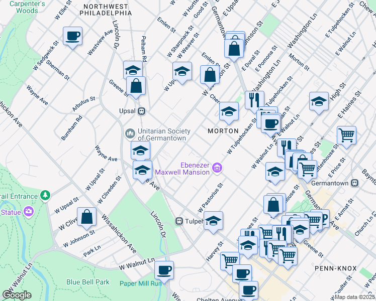 map of restaurants, bars, coffee shops, grocery stores, and more near 6334 Greene Street in Philadelphia