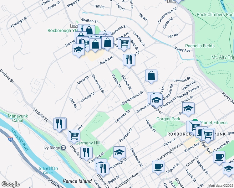 map of restaurants, bars, coffee shops, grocery stores, and more near 6717 Cinnamon Drive in Philadelphia