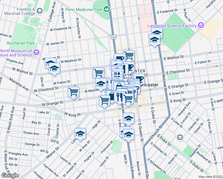 map of restaurants, bars, coffee shops, grocery stores, and more near 223 West Orange Street in Lancaster