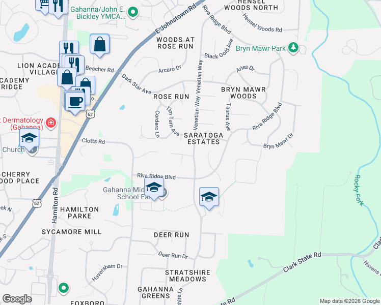 map of restaurants, bars, coffee shops, grocery stores, and more near 812 Whirlaway Circle in Columbus
