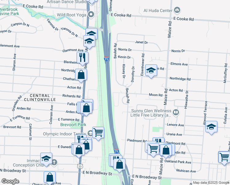 map of restaurants, bars, coffee shops, grocery stores, and more near 719 Moon Road in Columbus
