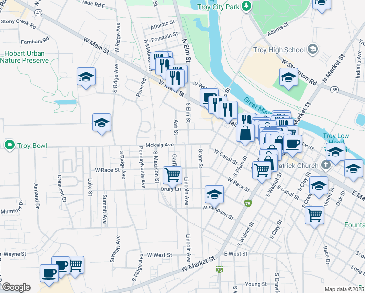 map of restaurants, bars, coffee shops, grocery stores, and more near 311 Lincoln Avenue in Troy