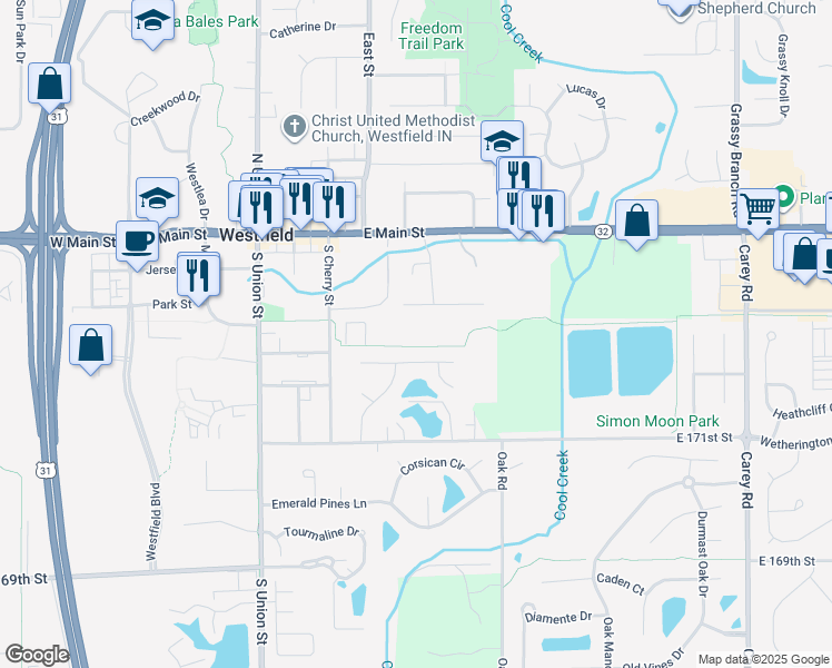 map of restaurants, bars, coffee shops, grocery stores, and more near Sanders Glen Boulevard in Westfield