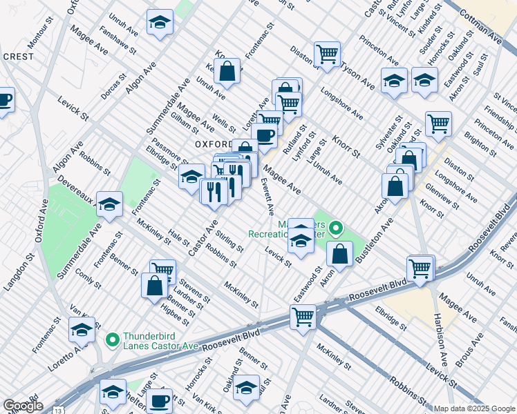 map of restaurants, bars, coffee shops, grocery stores, and more near 1440 Hellerman Street in Philadelphia