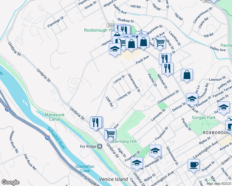 map of restaurants, bars, coffee shops, grocery stores, and more near 6952 Manti Street in Philadelphia