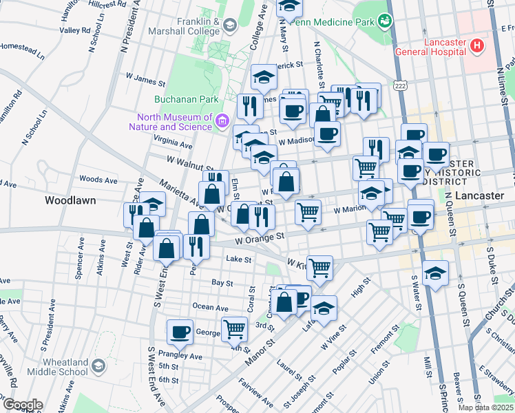 map of restaurants, bars, coffee shops, grocery stores, and more near 608 West Chestnut Street in Lancaster