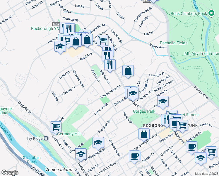 map of restaurants, bars, coffee shops, grocery stores, and more near 6700 Mitchell Street in Philadelphia