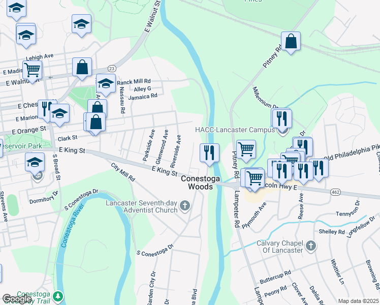 map of restaurants, bars, coffee shops, grocery stores, and more near 20 Willis Lane in Lancaster